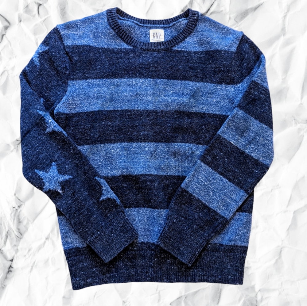 Gap Kids Boys Blue Heather Star Stripes Sweater Long Sleeved Crew Neck, Size (L)